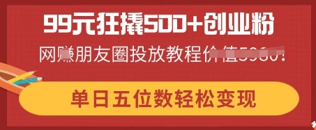 99元狂撬500+创业粉，单日五位数轻松变现，网创朋友圈投放教程-牛创网